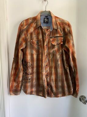 Custom Rags Mens snap up long sleeve plaid shirt size medium